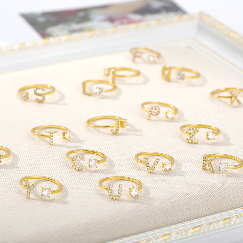 Zircon Initial A-Z Letter Rings For Women Gold Stainless Steel Adjustable Opening Ring Name Alphabet Female Wedding Jewelry Gift