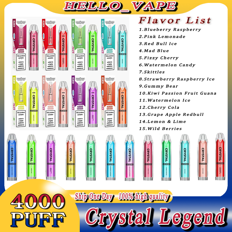 Crystal Legend 4000 puff 4000 Disposable E Cigarettes 1350mAh Battery 2% Capacity 12ml With 4000 Puffs Extra Vape Pen 100% Quality Vapors Wholesale kit 15 Flavors
Crystal Legend 4000 puff 4000 Disposable E Cigarettes 1350mAh Battery 2% Capacity 12ml With 4000 Puffs Extra Vape Pen 100% Quality Vapors Wholesale kit 15 Flavors