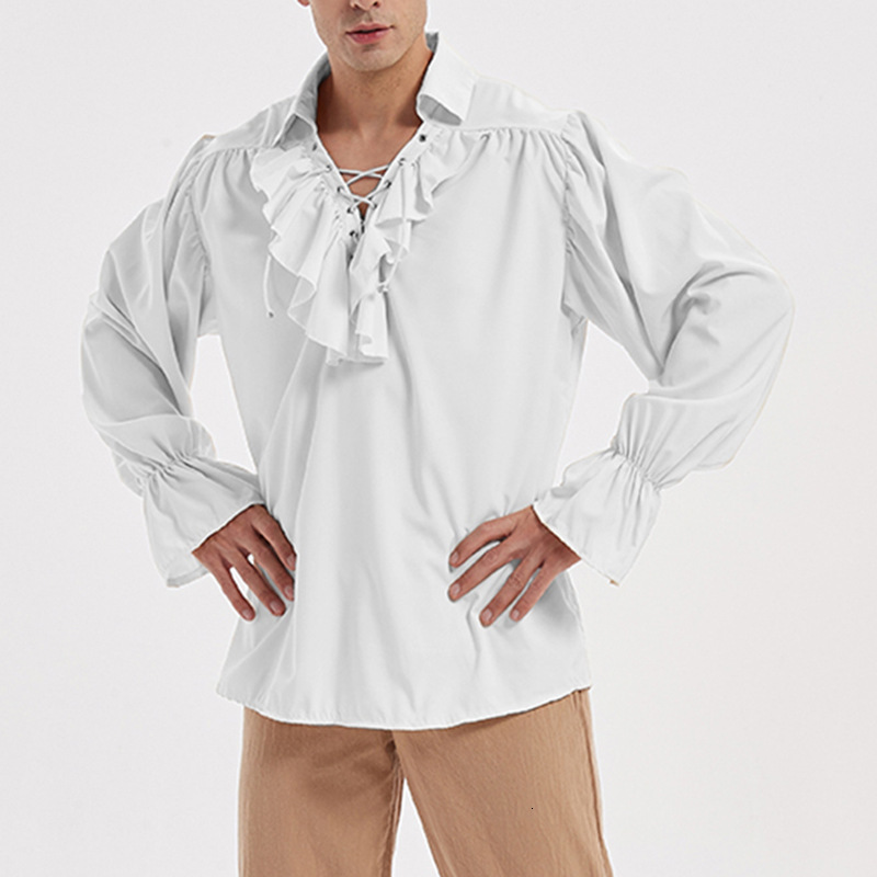 Men's Casual Shirts Mens Renaissance Costume Ruffled Long Sleeve Lace UP Medieval Steampunk Pirate Shirt Cosplay Prince Drama Stage Costume Tops 
