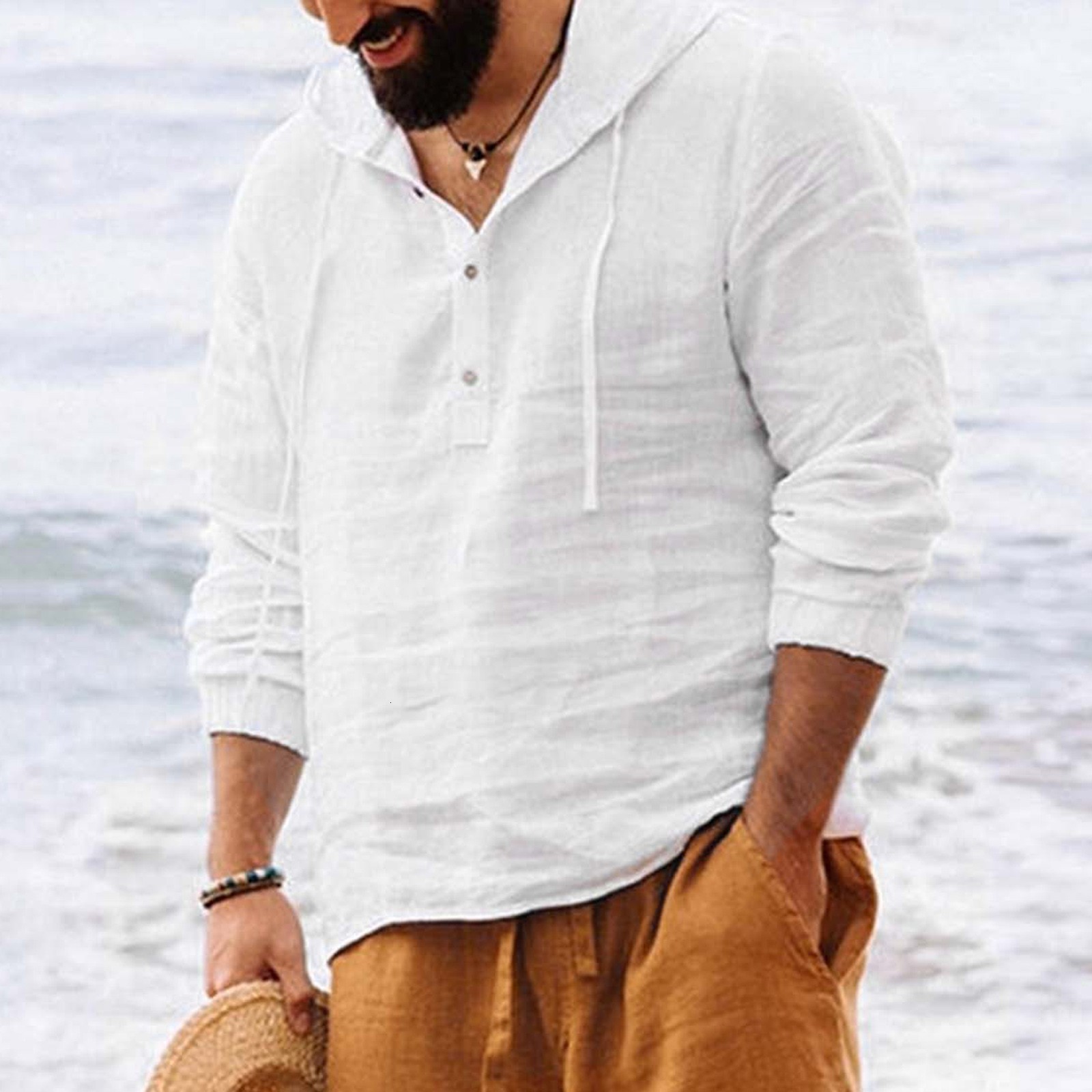Men's Casual Shirts Men Shirts Hooded Solid Color Autumn Long Sleeve Tops Casual Buttons Cotton Linen Vintage Summer Beach Shirts Camisa Masculin