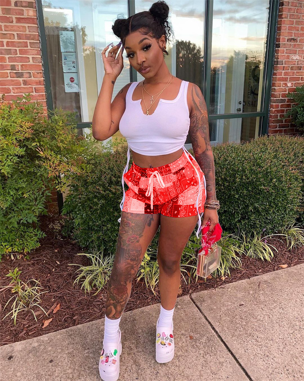 2023 Designer Summer Tracksuits Two Piece Set Women Outfits Sporty Sportswear Sleeveless Tank Top and Print Shorts Casual Sportswear Bulk Wholesale 93