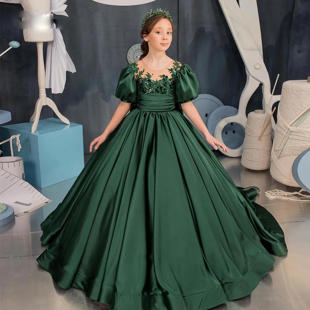 Dark Green wer Girl Dresses Puffy Short Sleeve Toddler First Communion Gown Bow Tie Satin Kids Pageant Dress