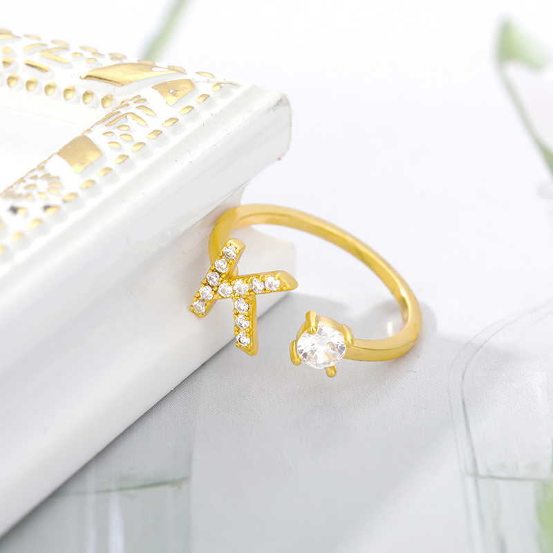 Zircon Initial A-Z Letter Rings For Women Gold Stainless Steel Adjustable Opening Ring Name Alphabet Female Wedding Jewelry Gift