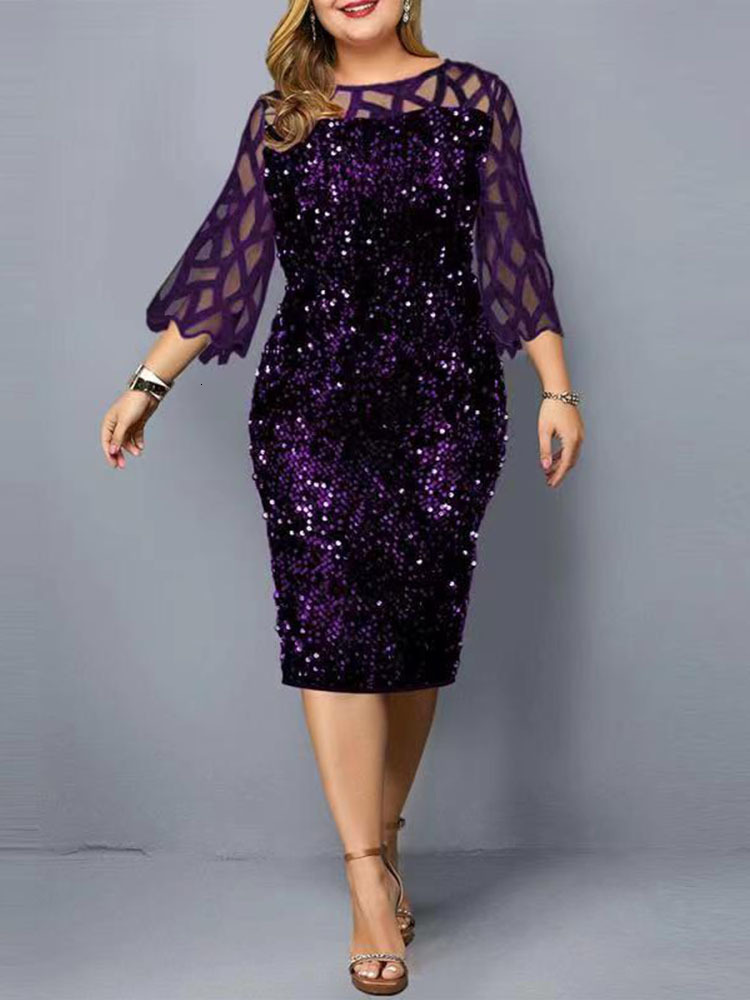 Casual Dresses Party Dress Plus Size Ladies Midi Sequin Mesh Long Sleeve Lace Elegant Bodycon XL-4XL 5XL Evening Dresses Woman Summer 230303