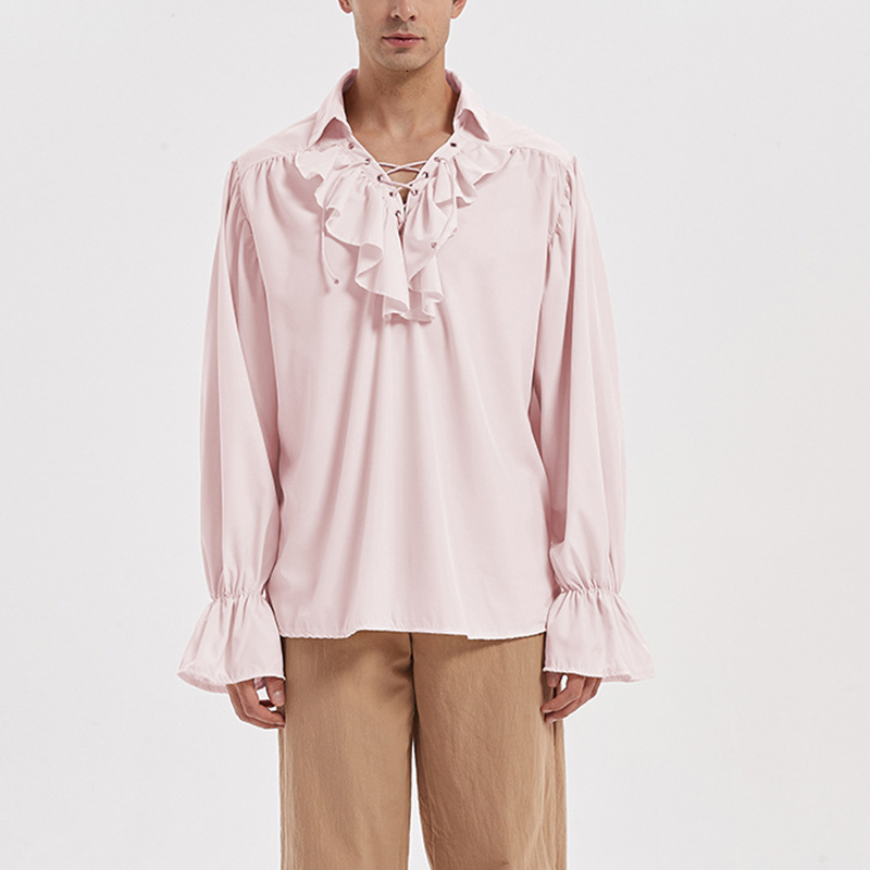 Men's Casual Shirts Mens Renaissance Costume Ruffled Long Sleeve Lace UP Medieval Steampunk Pirate Shirt Cosplay Prince Drama Stage Costume Tops 