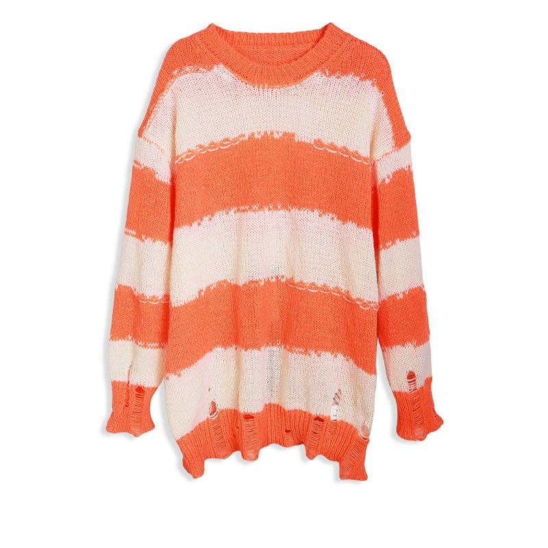 Womens Sweaters Thin Black White Striped Knitted Sweater Women Lazy Retro Sun Shirt Ripped Pull 2024 Jumper Couple Knitwear MenWomens