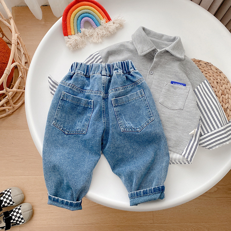 Jeans Toddler Kids Boy Jeans Autumn Children Cartoon Pattern Loose Cargo Pant Denim Trouser Elastic Waist for 1-7Years 230306