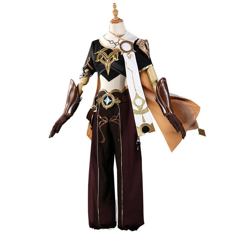 Anime Costumes Genshin Impact Aether Cosplay Come Traveler Light Gold Braid Wig Cloak Scarf Gloves Belt Earring Pants Hair Accessories Game Z0301