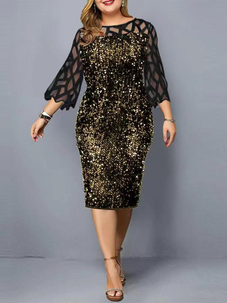 Casual Dresses Party Dress Plus Size Ladies Midi Sequin Mesh Long Sleeve Lace Elegant Bodycon XL-4XL 5XL Evening Dresses Woman Summer 230303