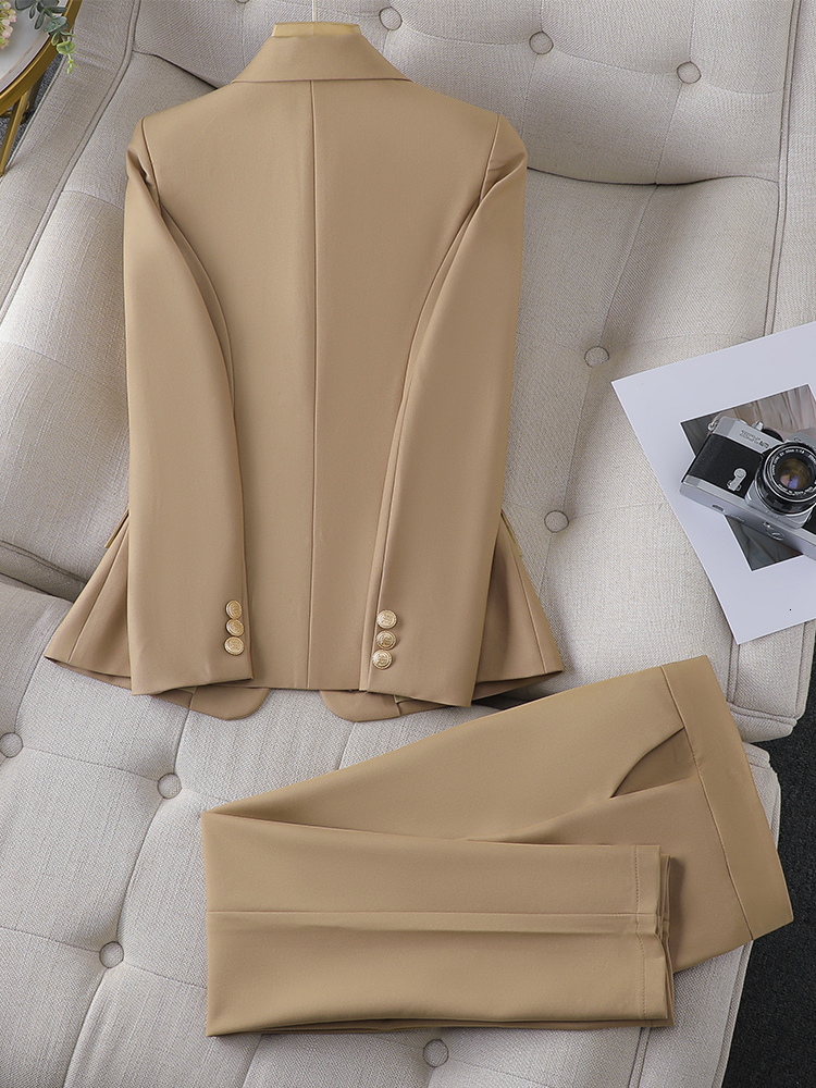 Women's Apricot Office Suit Blazer & Trouser Set - Solid Formal 2 Piece Work Wear, Acetate, Short Sleeve, Pencil Pants, Mid Waist,