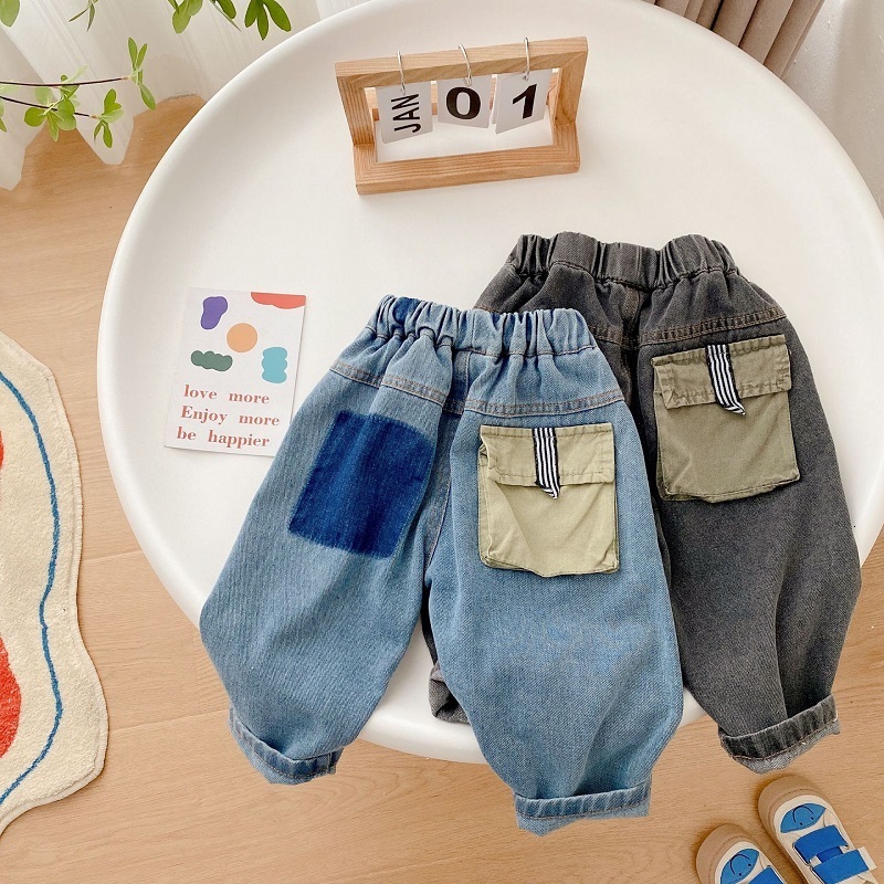 Jeans Toddler Kids Boy Jeans Autumn Children Cartoon Pattern Loose Cargo Pant Denim Trouser Elastic Waist for 1-7Years 230306