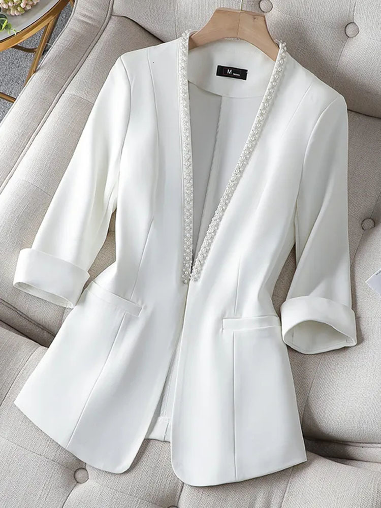 Women's Suits Blazers V neck Thin Suit Women's Spring and Summer Korean Fashion Professional Wear Half Sleeve Casual Jacket Office Blazer 23