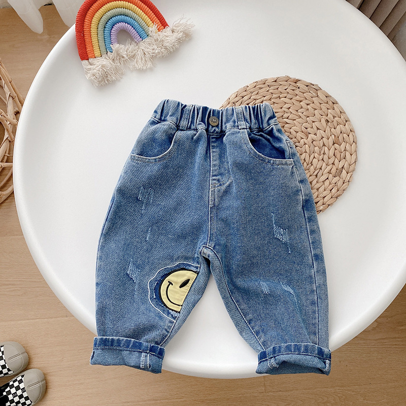 Jeans Toddler Kids Boy Jeans Autumn Children Cartoon Pattern Loose Cargo Pant Denim Trouser Elastic Waist for 1-7Years 230306