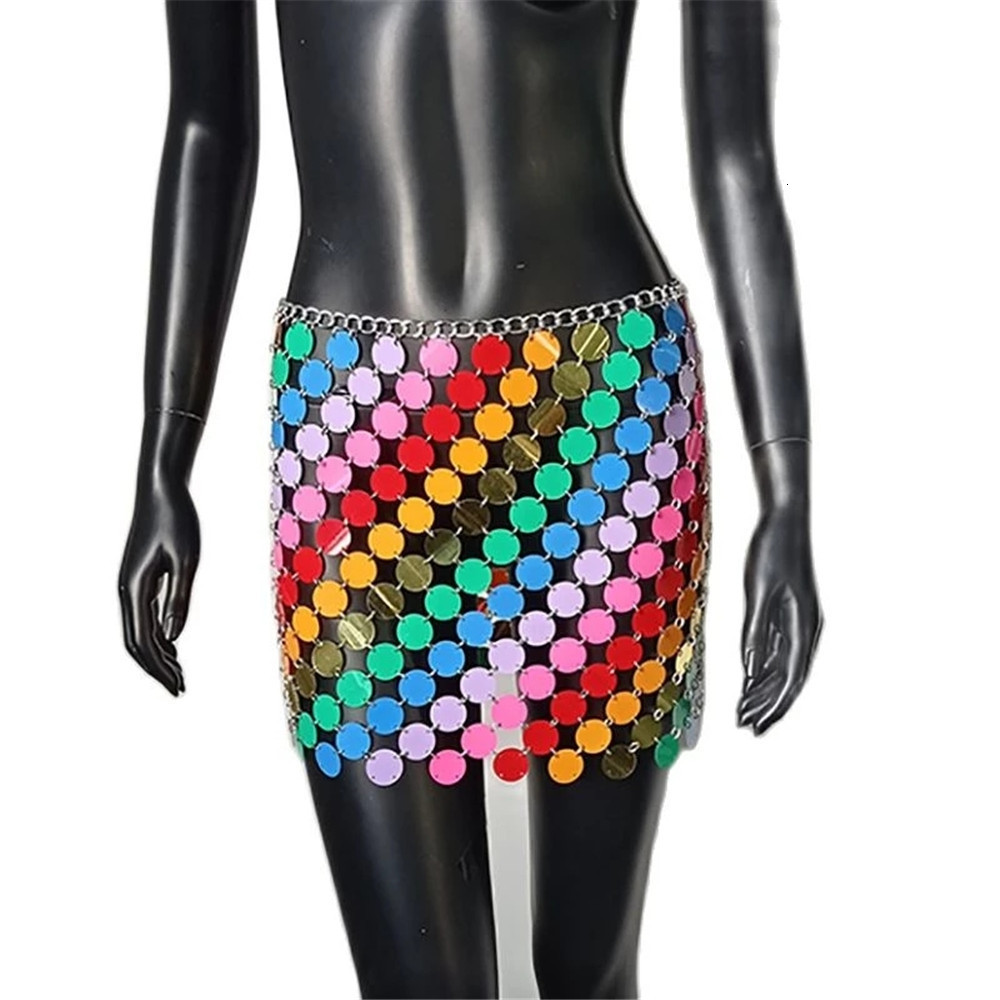 Skirt s Skirt Colorful Sequins Metal Chain Hollow Out Mini Bohemian Geometric Rainbow Fashion Elegant Woman Clothes 230303