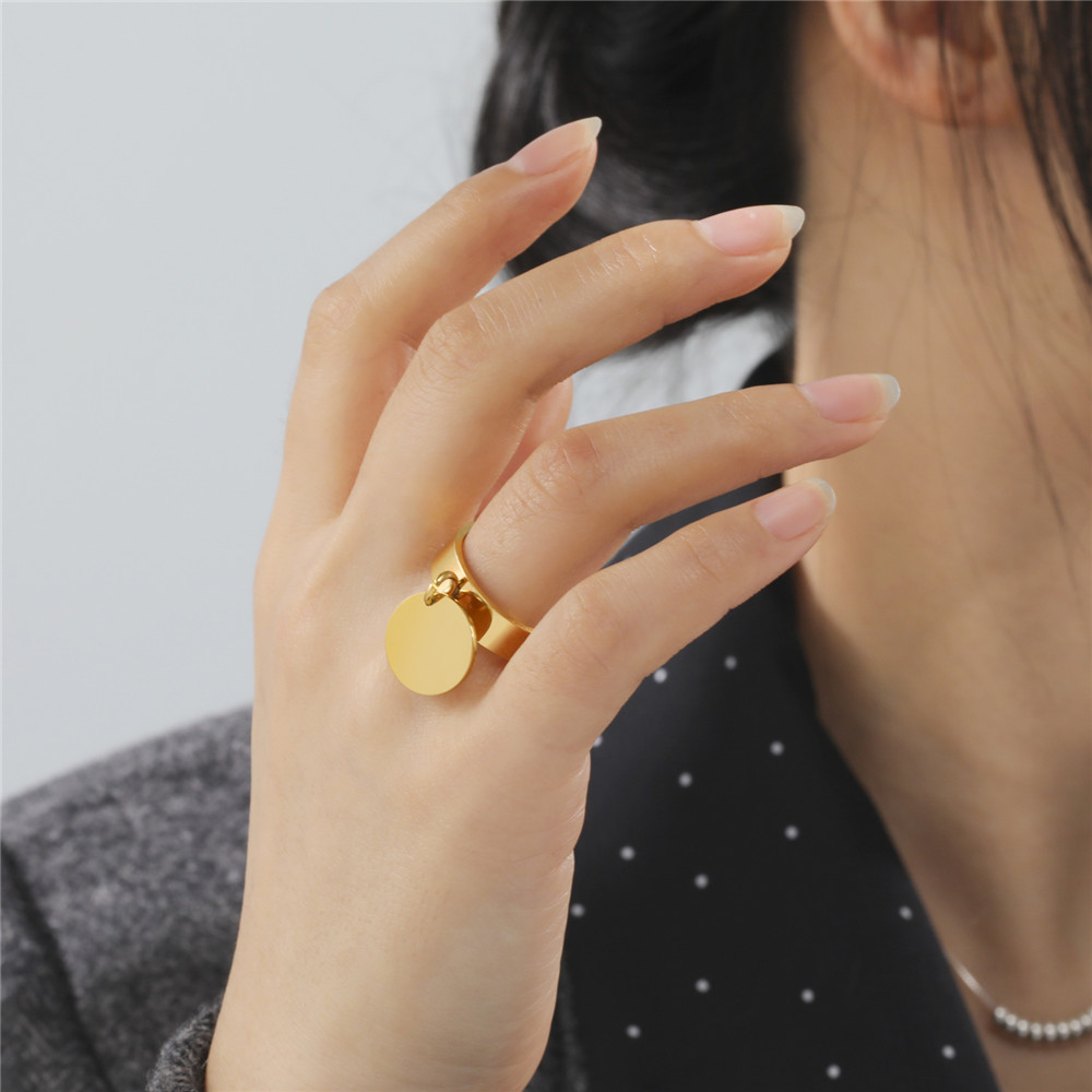 Stainless Steel Gold Color Minimalist Ring with Big Round Pendant Finger Rings Fashion Anniversary Gifts for Women