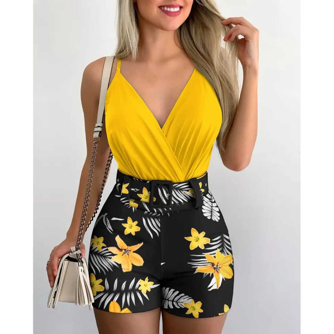 2023 women's jumpsuits amp rompers V-neck suspender vest and plant print shorts suit with belt