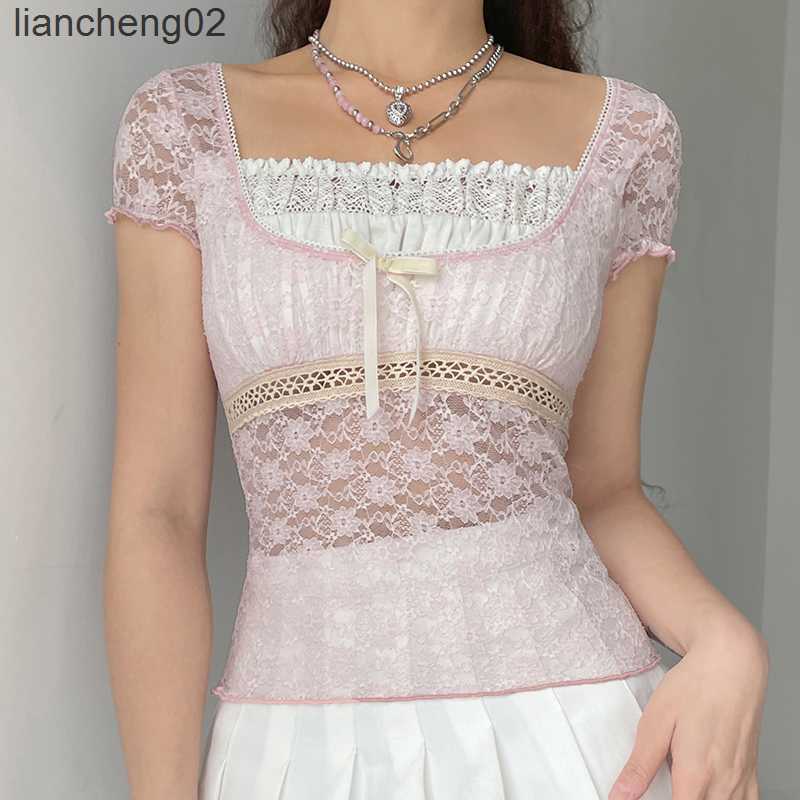 Women's Knits Tees Wome's Crop Top Summer Short Sleeve T-shirt Patchwork Transparent Lace Bow Decoration Clothes Tops Streetwear Y2k Summer 