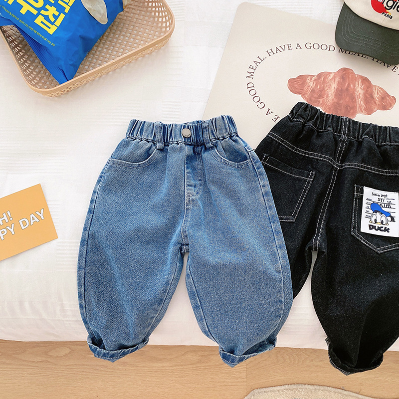 Jeans Toddler Kids Boy Jeans Autumn Children Cartoon Pattern Loose Cargo Pant Denim Trouser Elastic Waist for 1-7Years 230306