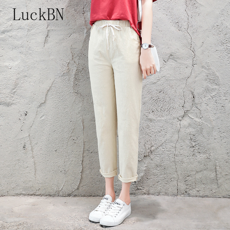 Women's Pants Capris Autumn Cotton Linen Pants Women Candy Color Casual Loose Harem Pants for Women Ankle Length Trousers Female Elastic Waist Pa