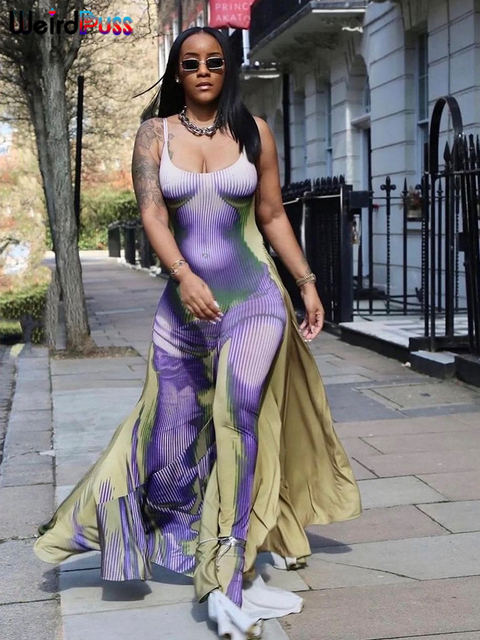 Casual Dresses Weird Puss Body Print Women Sumdress Sexy Sleeveless Trend Skinny Elastic Party Maxi Bodycon Slim Birthday Banquet Clubwear 230303
