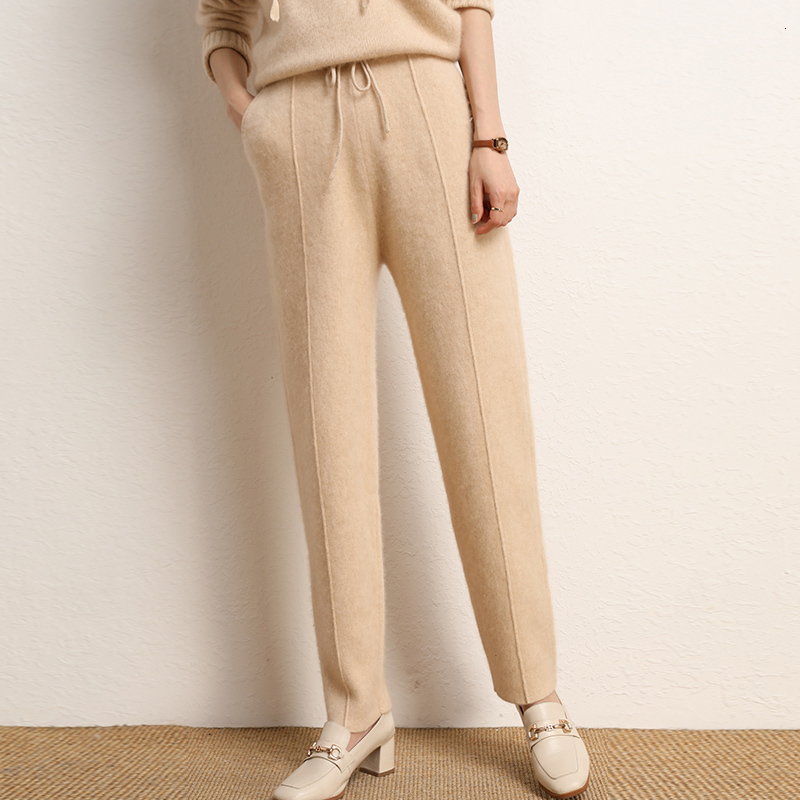 Women's Pants Capris Women Pants Autumn and Winter Soft Comfortable High-Waist 100% Cashmere Knitted Thickening Pants Female Elastic 4Colors 2303