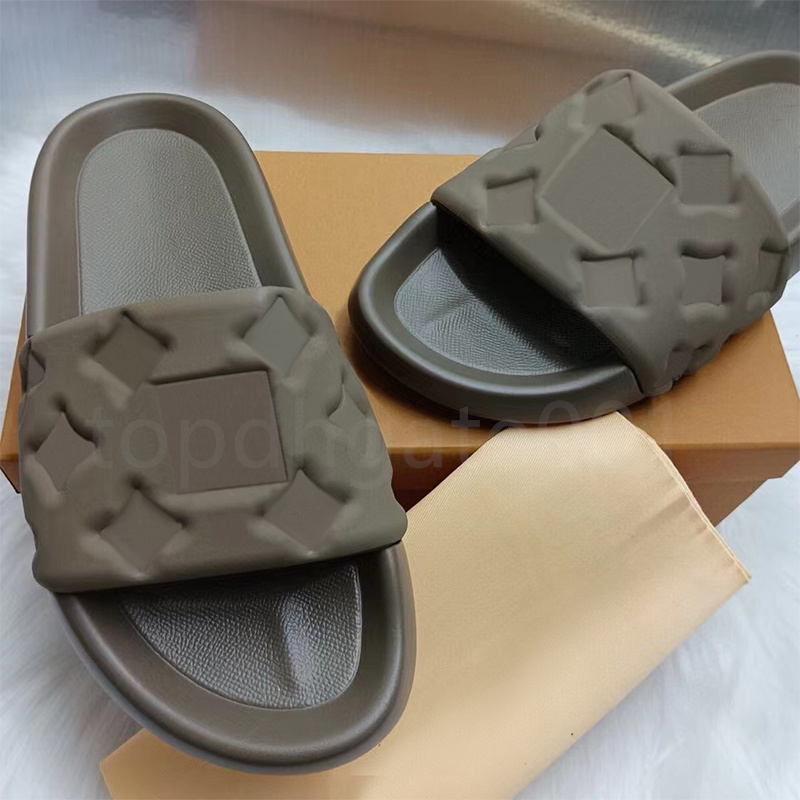 With Box Luxury Slippers Waterfront Embossed Mule Rubber Slide Pool Pillow Flat Comfort Slipper Beach Sandals Men Women Green Orange Summer Shoes Designer Sneakers