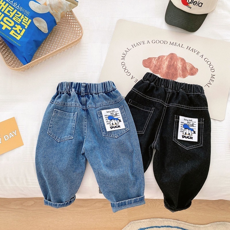 Jeans Toddler Kids Boy Jeans Autumn Children Cartoon Pattern Loose Cargo Pant Denim Trouser Elastic Waist for 1-7Years 230306
