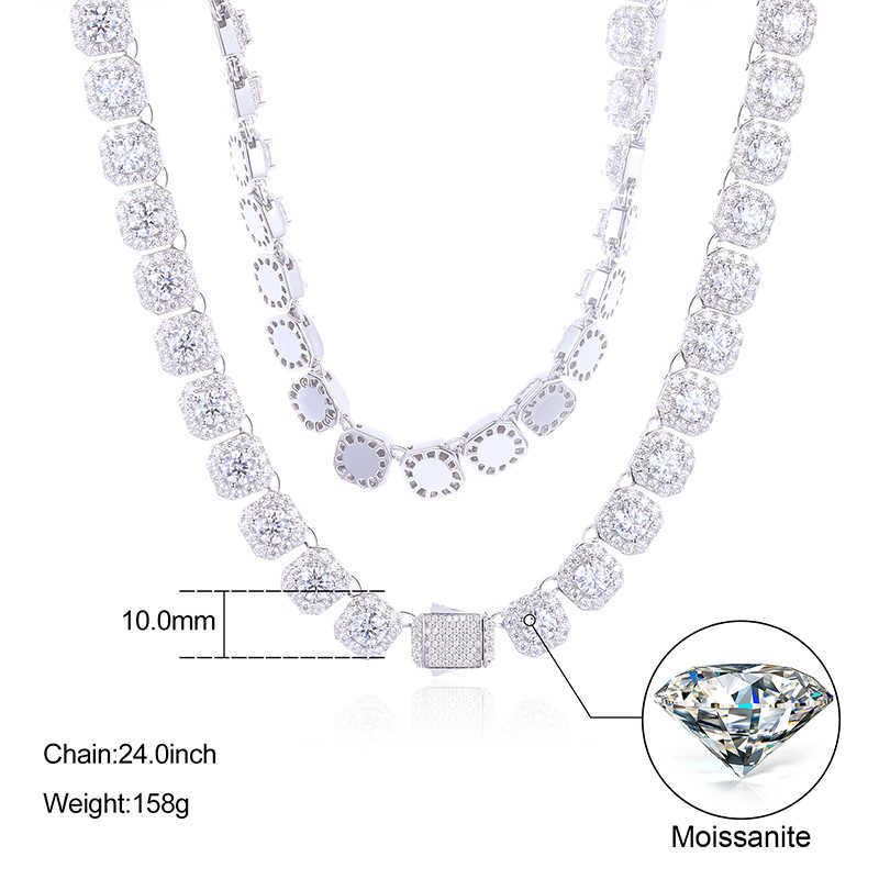 Selling Hip Hop Jewelry Mens 10mm 925 Sterling Silver Vvs Moissanite Diamond Iced Out Square Tennis Chain Necklace