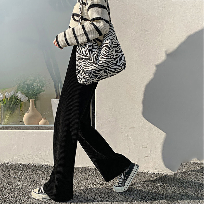 Women's Pants Capris BIYABY High Waisted Corduroy Wide Leg Pants Women Street Style Ribbed Straight Trousers Woman Casual Plus Size Loose Long Pa