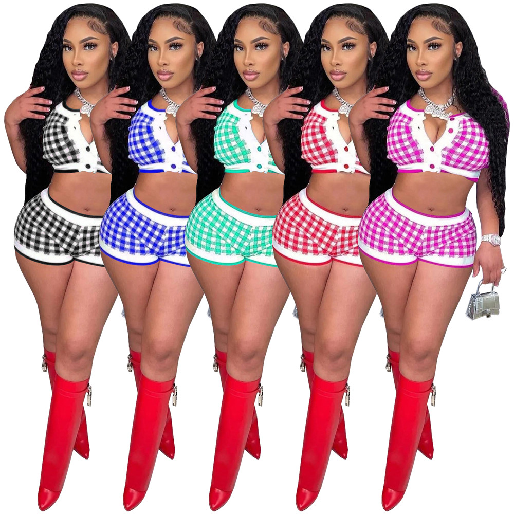 Designer Summer Clothes for Woman Tracksuits Casual Plaid Outfits Short Sleeve Shirt Crop Top and Shorts Trendy Clothes Piece Set Bulk Wholesale 9398