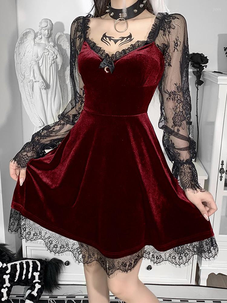 Casual Dresses Vintage E-girl Grunge Gothic Black Mini Dress Lace Trim High Waist Bodycon Women 90s Punk Harajuku Lolita Clothes