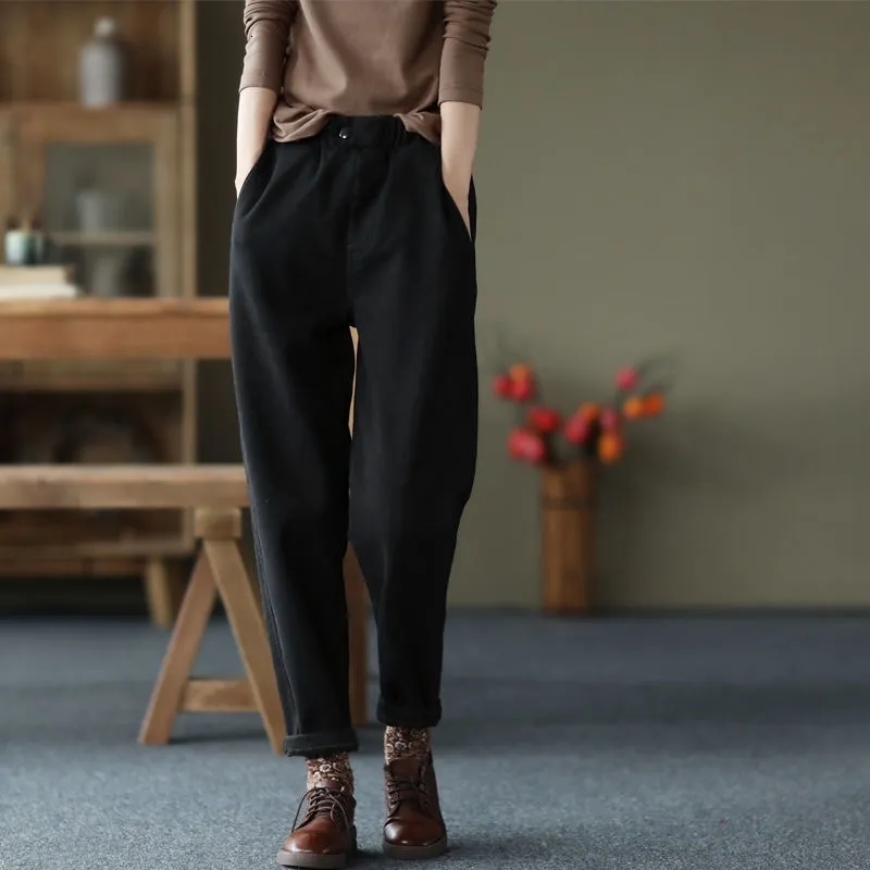 Women's Pants Capris Women Khaki High Waist Plus Velvet Ankle-length Pants Winter Casual Thick Warm Harem Trousers Loose Pantalon Cotton Sweatpan