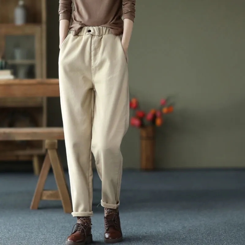 Women's Pants Capris Women Khaki High Waist Plus Velvet Ankle-length Pants Winter Casual Thick Warm Harem Trousers Loose Pantalon Cotton Sweatpan