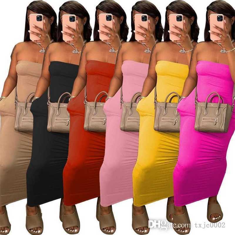 Summer Maxi Long Dresses For Women Designer 2023 Slim Sexy Solid Color Bra Off Shoulder High Elastic Dress Including Pocket