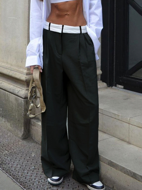 Women's Pants Capris Weekeep Streetwear Baggy Suit Pants Vintage Patchwork Low Rise Straight Casual Pants Korean Fashion Women Capris Jogging Tro