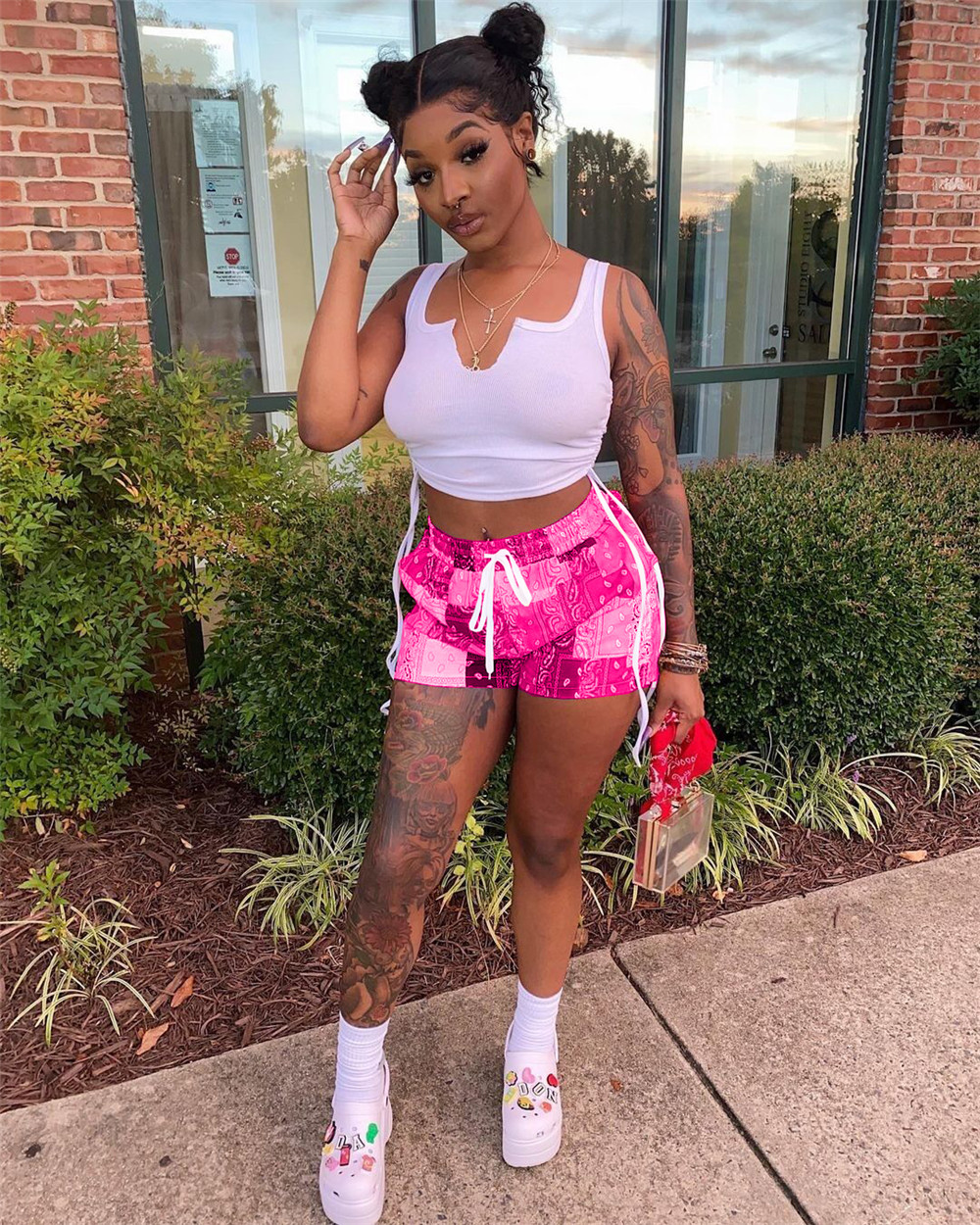 2023 Designer Summer Tracksuits Two Piece Set Women Outfits Sporty Sportswear Sleeveless Tank Top and Print Shorts Casual Sportswear Bulk Wholesale 93