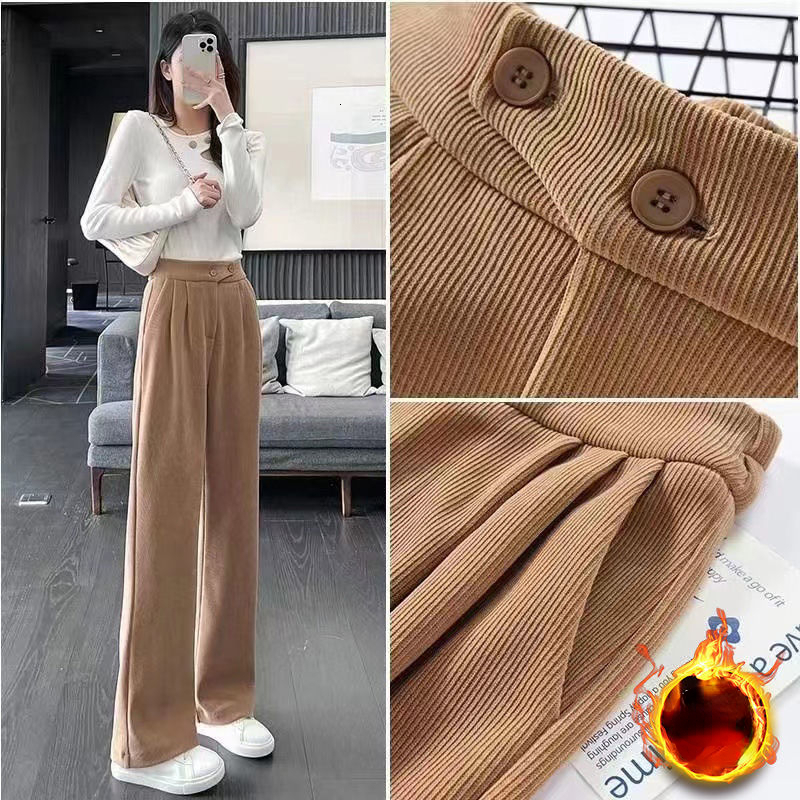 Women's Pants Capris Women Winter Solid Corduroy Trousers High Waist Autumn Vintage Korean Casual Pocket Wide Leg Pants Elegant Loose Y2k Streetw