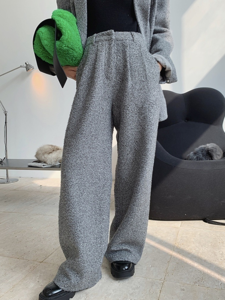 Women's Pants Capris LANMREM High Waist Wide Legs Woolen Blend Trousers For Women Spring Winter Gray Black Color Female Casual Pants 2C351 230306