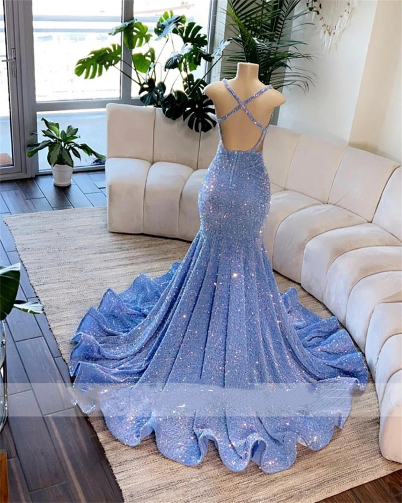Sky Blue Sheer O Neck Long Prom Dress For Black Girls Beaded Crystal Diamond Birthday Party Dresses Sparkly Sequined Evening 0431