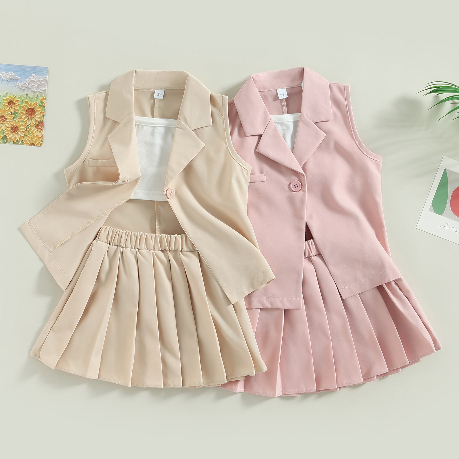 Clothing Sets FOCUSNORM 3 7Y Fashion Little Girl Summer Clothes 3pcs Solid Camisole Elastic Pleated Skirt Sleeveless Jacket Set 230307