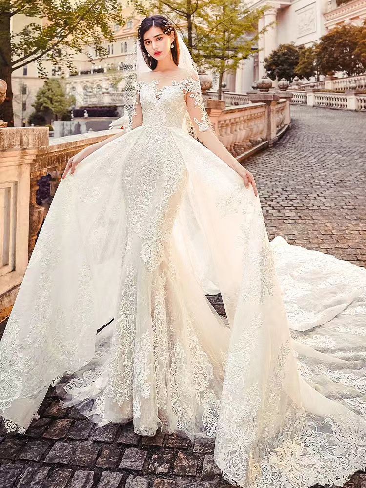 Beach Lace Mermaid Wedding Dresses With Detachable Train Appliqued Sweep Train Plus Size Wedding Dress Long Sleeves Bridal Gowns vestido de novia