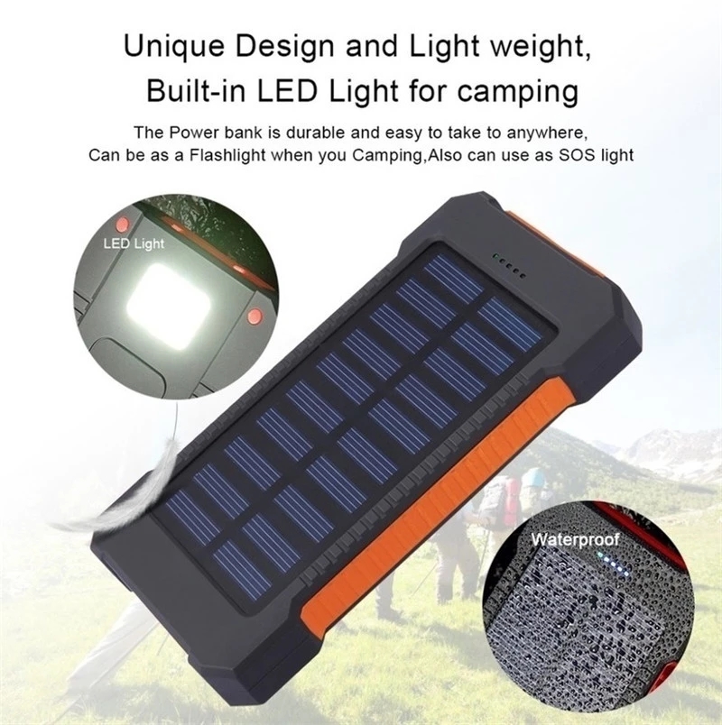 Top Solar Power Bank Waterproof 30000mAh Solar Charger USB Ports External Charger Powerbank for Xiaomi Smartphone with LED Light