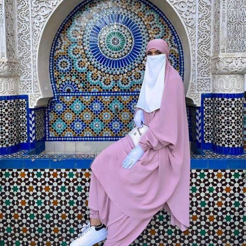 2024 Ramadan Eid Muslim Abayas For Women 2 Pieces Prayer Garment Jilbab Pants Abaya Set Islamic Clothes Long Khimar With Sleeve, Nida Fabric, Loose Fi