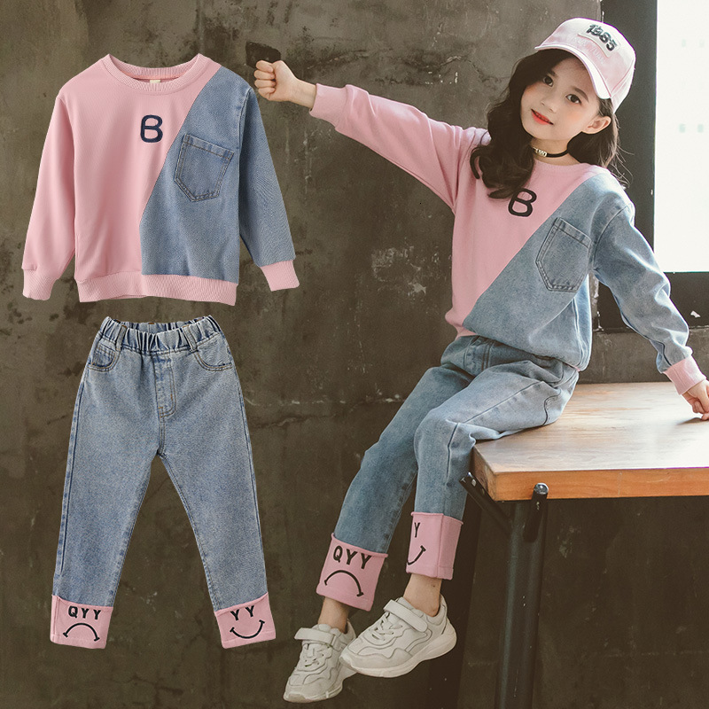 Clothing Sets Spring Autumn Patchwork Kids Tracksuit Contrast Girls Sweatshirt Denim Pant Children 2 Pieces Outfits Hoodie Set 3 16 Years 230307