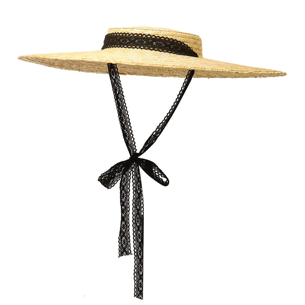 Wide Brim Hats Bucket Vintage Large Straw for Women Flat Top Summer Beach Cap Shallow Crown Boater Sun Ribbon Tie Wicker 230306