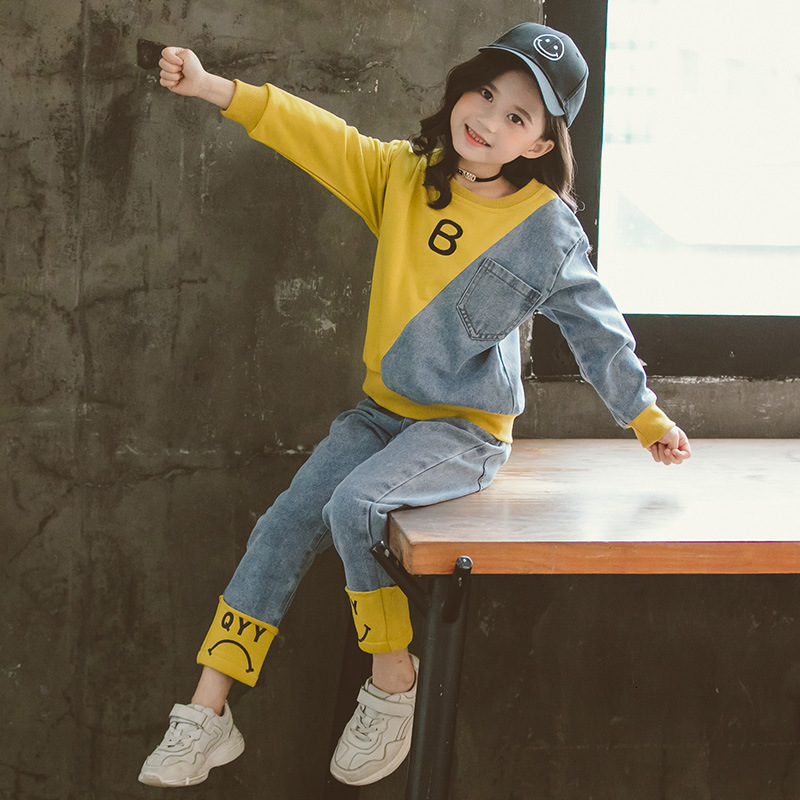 Clothing Sets Spring Autumn Patchwork Kids Tracksuit Contrast Girls Sweatshirt Denim Pant Children 2 Pieces Outfits Hoodie Set 3 16 Years 230307
