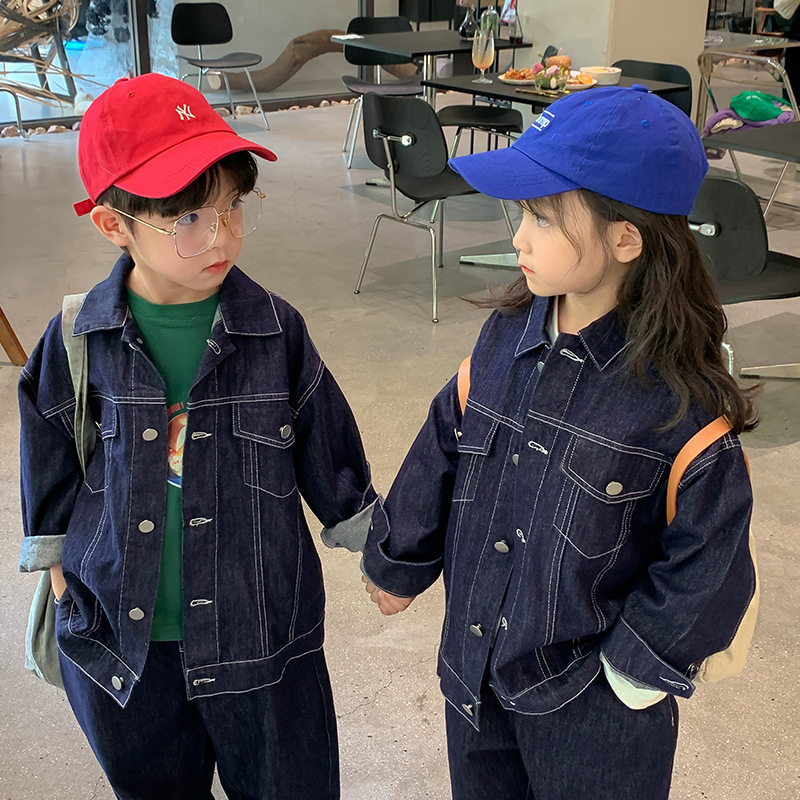 Clothing Sets Autumn Unisex denim clothes sets Korean style Boys and Girls open line loose coats jeans 2Pcs outfits 230307