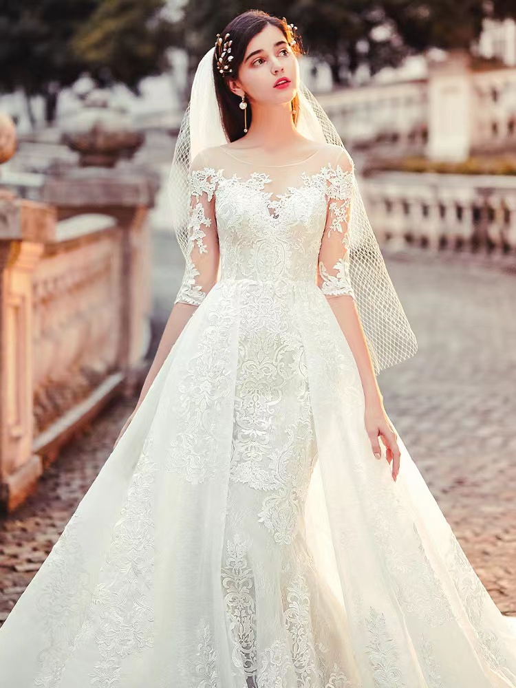 Beach Lace Mermaid Wedding Dresses With Detachable Train Appliqued Sweep Train Plus Size Wedding Dress Long Sleeves Bridal Gowns vestido de novia