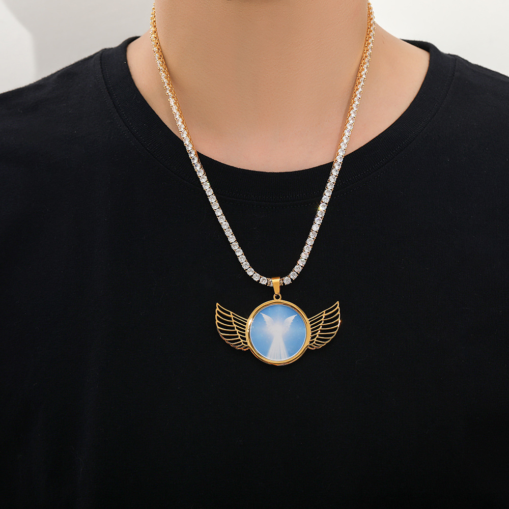Custom Wing Memorial Photo Pendant Necklace Stainless Steel Jewelry Mens Gifts