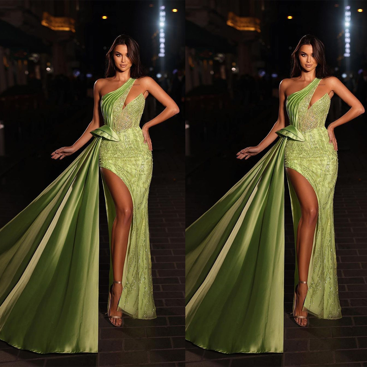 Glamorous Prom Dresses Mermaid One Shoulder Art Deco-Inspired Neck Sleeveless Applicant High Side Split Court Gown Plus Size Vestido De Noite Lz0304